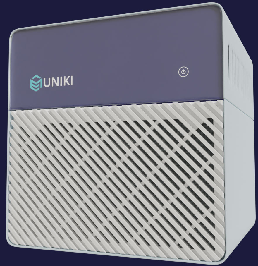 Der aktuelle ELLY Server als weißer Würfel mit blauer Front